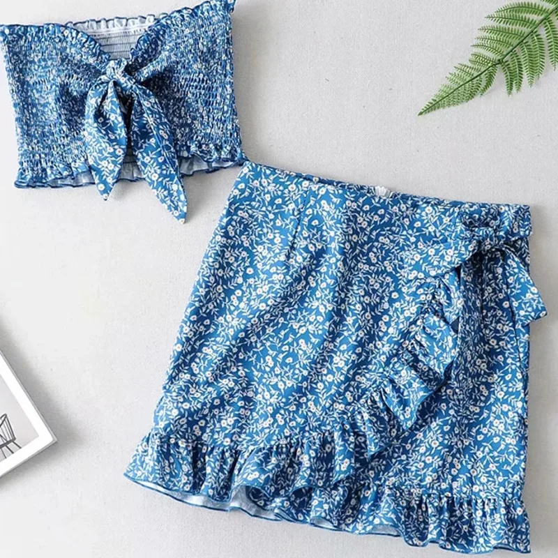 

2020 summer sexy bow ruffled dress female two-piece elegant floral beach casual daily dress vest