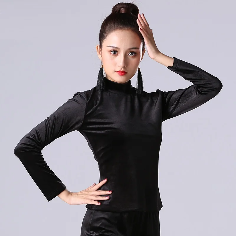 

H2633 Women Latin Dance Velvet Top Black Performance Clothes National Standard Dance Long Sleeve Professional Practice Costumes