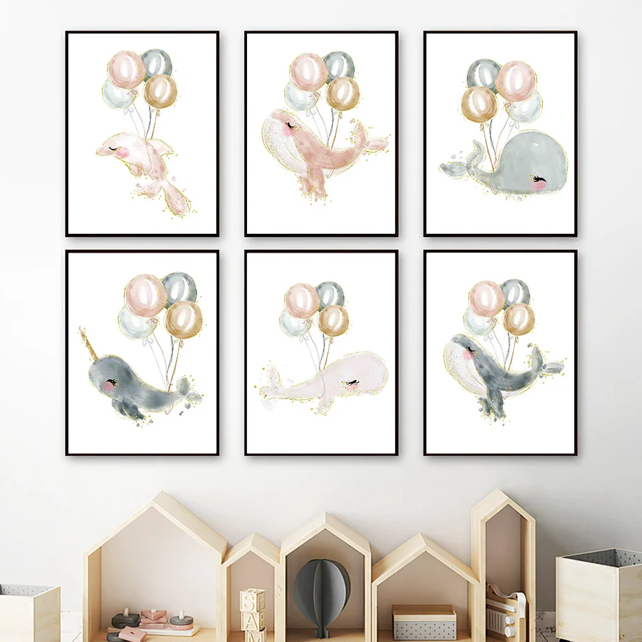 

Watercolor Dolphin Whale Color Balloons Baby Wall Art Canvas Painting Nordic Posters And Prints Wall Pictures Kids Room Decor