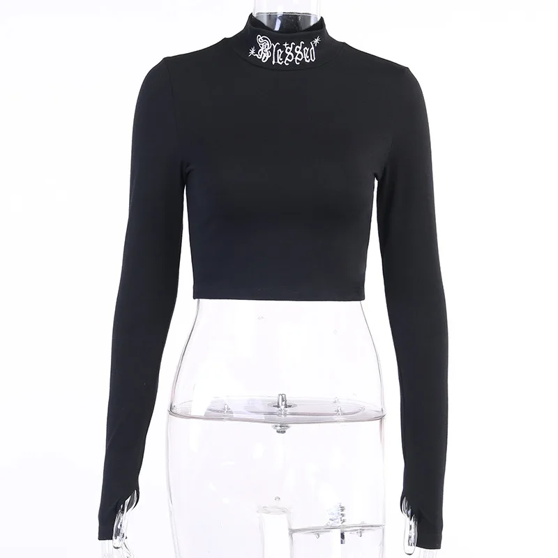 

Women Bodycon Long Sleeve Crop Tops Gothic Harajuku Letter Embroidery Vintage Solid Black Tops Tee Female Casual Basic T-shirt