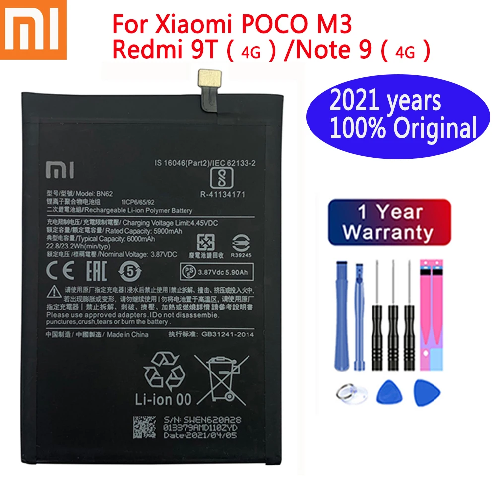 

Xiao Mi Original 6000mAh BN62 Phone Battery For Xiaomi POCO M3 Redmi Note 9 4G 9T Replacement Batteries + Tools+Tracking number
