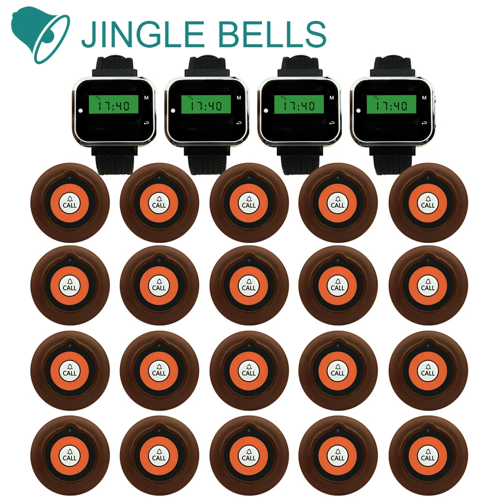 JINGLE BELLS-sistema de llamada inalámbrico para restaurante, 20 transmisores, 4 botones para llamar a camareros y invitados, timbre de mesa