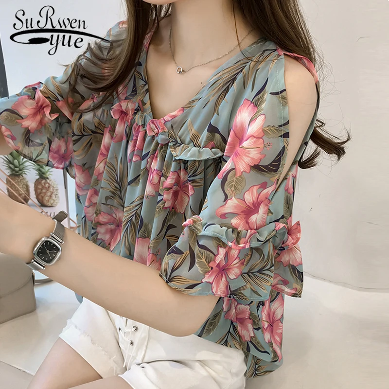 Женская шифоновая блузка с принтом коротким рукавом|Блузки| |