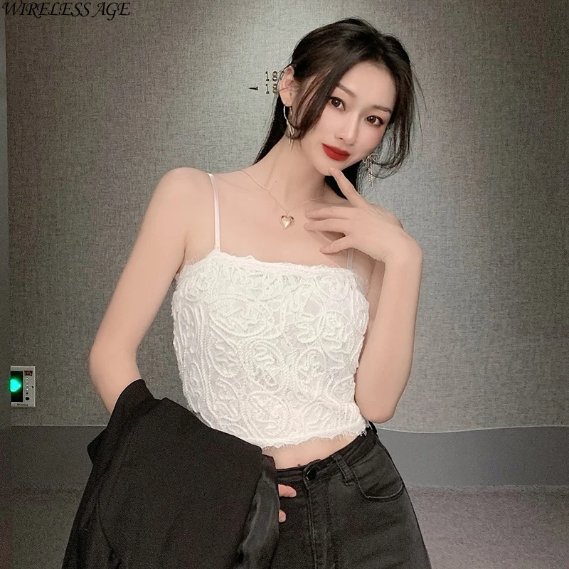 

WIRELESS AGE Lace Small Sling Vest Women Square Neck Inner Wear Base Slim Fit Short Tube Top Vest Harajuku Fashion Daily Wild