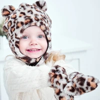 28ec winter warm baby leopard pattern earflap hat gloves set cute ears beanies mitten kit for toddler girls boys