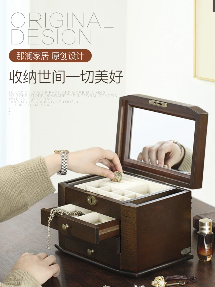 Lockable Jewelry Box Wooden Cosmetic Box Storage Box Princess Hand Jewelry Earrings Jewelry Box Wedding Gift