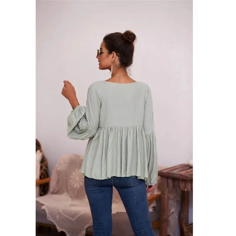 

Casual Autumn Loose V-neck Long Sleeve Women's Tops Commuter Ladies Blouse 2020 Sexy Long-sleeved Solid Pullover Shirts Female