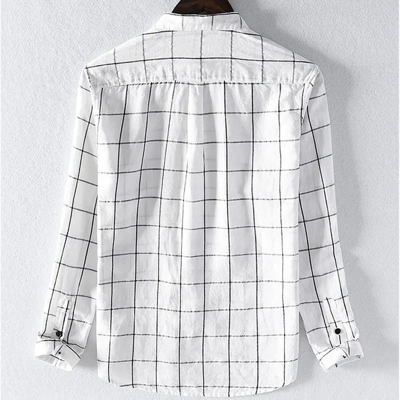 Мужская клетчатая рубашка с длинным рукавом повседневная приталенная из 100% льна