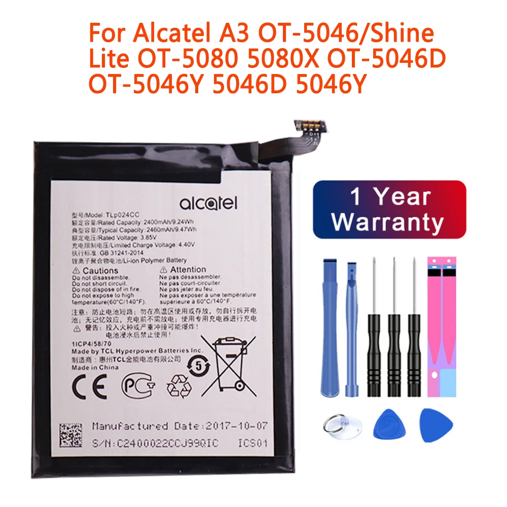 100% Оригинальный аккумулятор TLP024C1/TLP024CJ/TLP024CC 2400 мАч для Alcatel A3 OT-5046/Shine Lite OT-5080 5080X OT-5046D 5046D