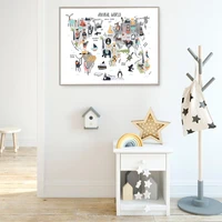animal world map art print nursery poster kids gift cartoon canvas painting nordic style home decor wall picture for living room