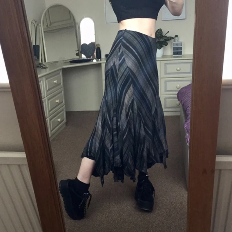

Women’s Irregular Mid-length Skirt Fashion Diagonal Stripes Printing Skirts Autumn Black Gothic Stlye Long Skirts