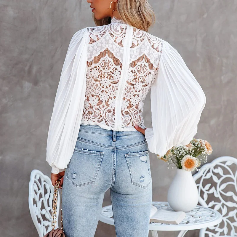 

Sexy Lace Patchwork Women Hollow Out Tops Long Lantern Sleeve Summer Slim Fit Blouse Femme Half High Collar Casual Outdoor Shirt