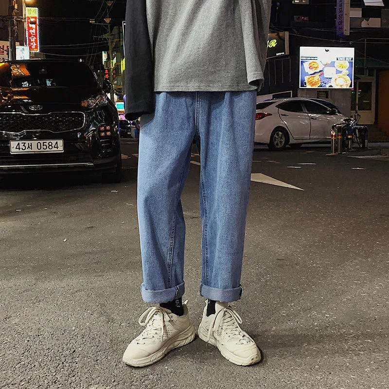 Mens Jeans Korean Fashion Loose Fit Retro Blue Classical Harem Pants Big Small Leg Streetwear Hip Hop Man Jeans
