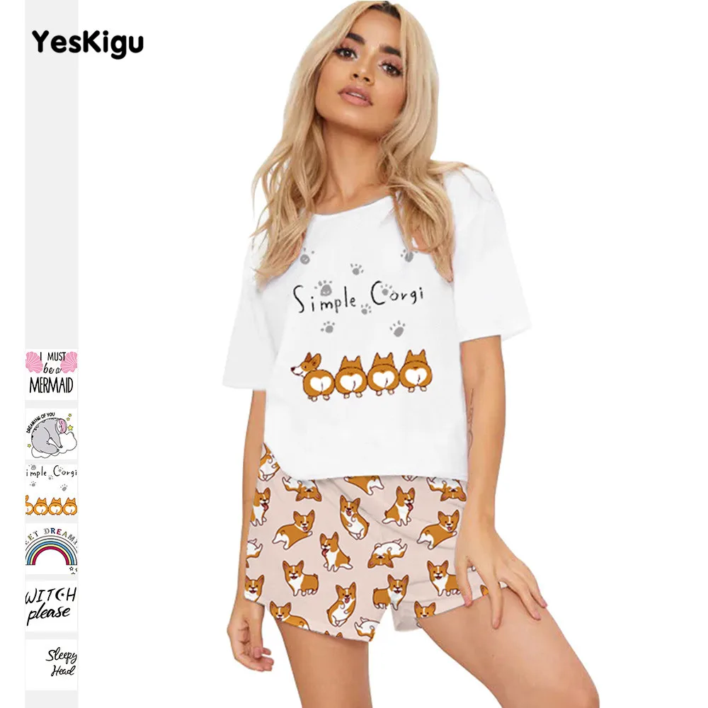 Пижама женская атласная из топа с коротким рукавом и 3D-принтом | Женская одежда