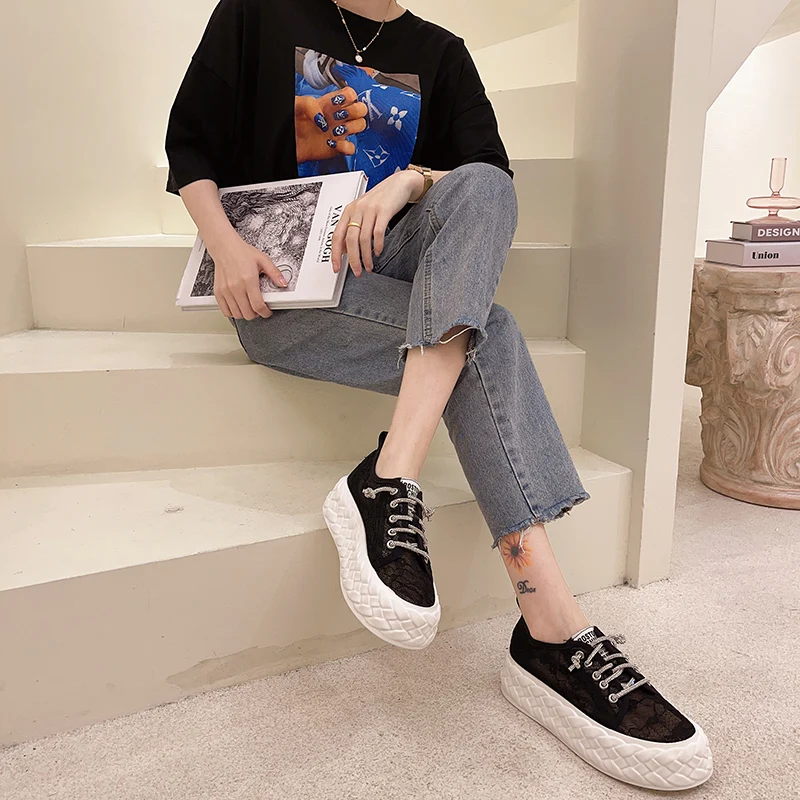 

Sneakers Mesh Women's New Summer Shoes 2021 Platform Woman-shoes Breathable Thick Sole Roses Casual Lace Leisure Fabric Lace-Up