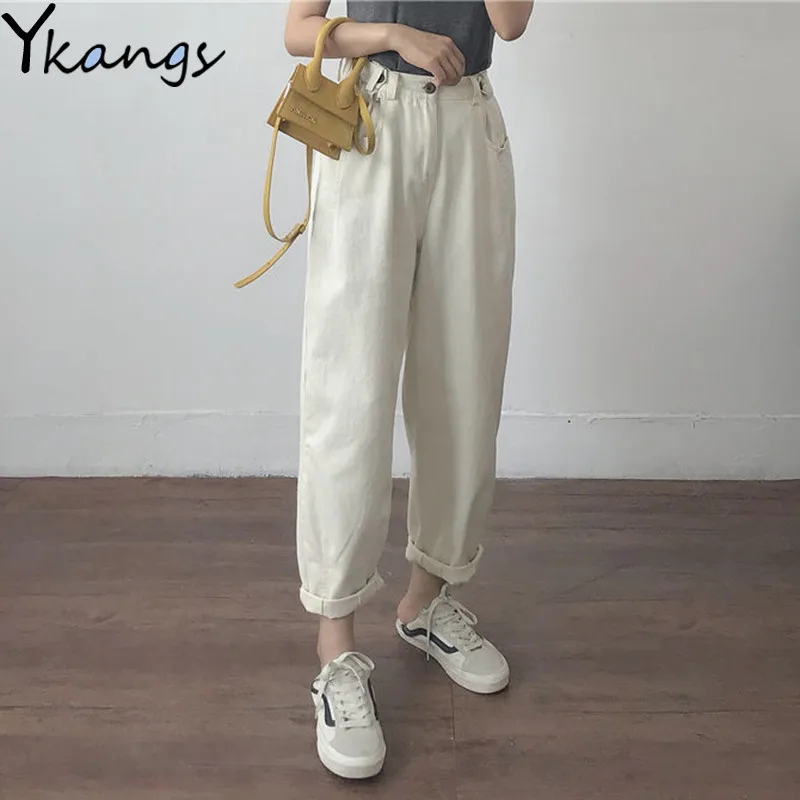 Plus Size Denim Pants Women Cotton White Loose Boyfriend High Waist Mom Jeans Black Spring Beige Blue Banana Streetwear | Женская одежда