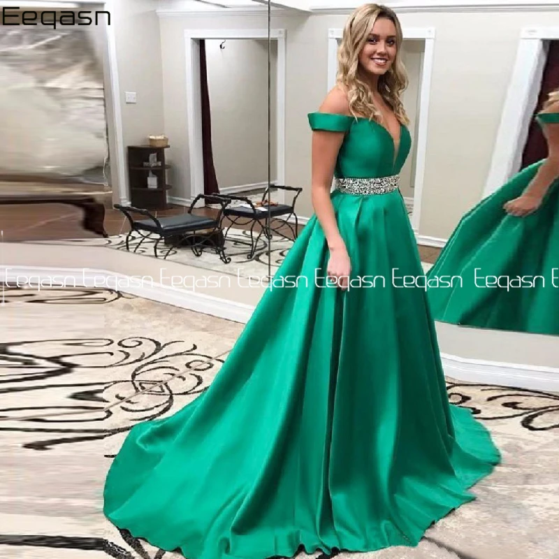 Женское длинное атласное платье зеленое ТРАПЕЦИЕВИДНОЕ ПЛАТЬЕ С поясом кушаком