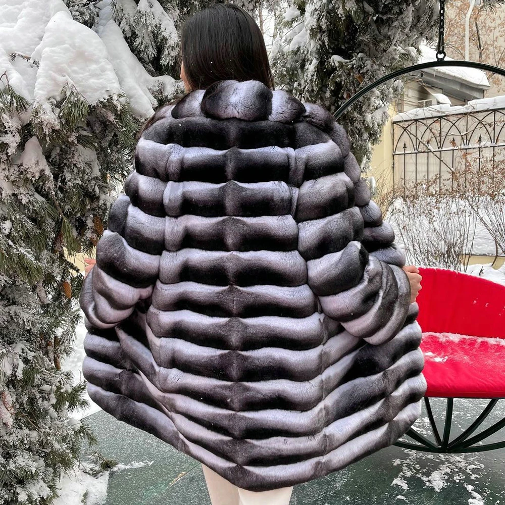 Luxury Women Natural Fur Coats Winter Outwear High Quality Genuine Full Pelt Rex Rabbit Fur Coat with Lapel Collar Warm Overcoat