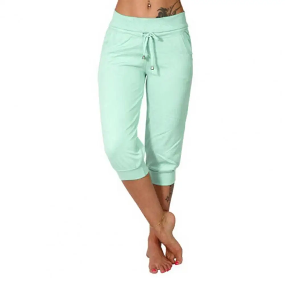 

Casual Women Capri Pants Summer Solid Color Drawstring Female Pencil Pants Loose High Waist Pockets Women Trousers Dating