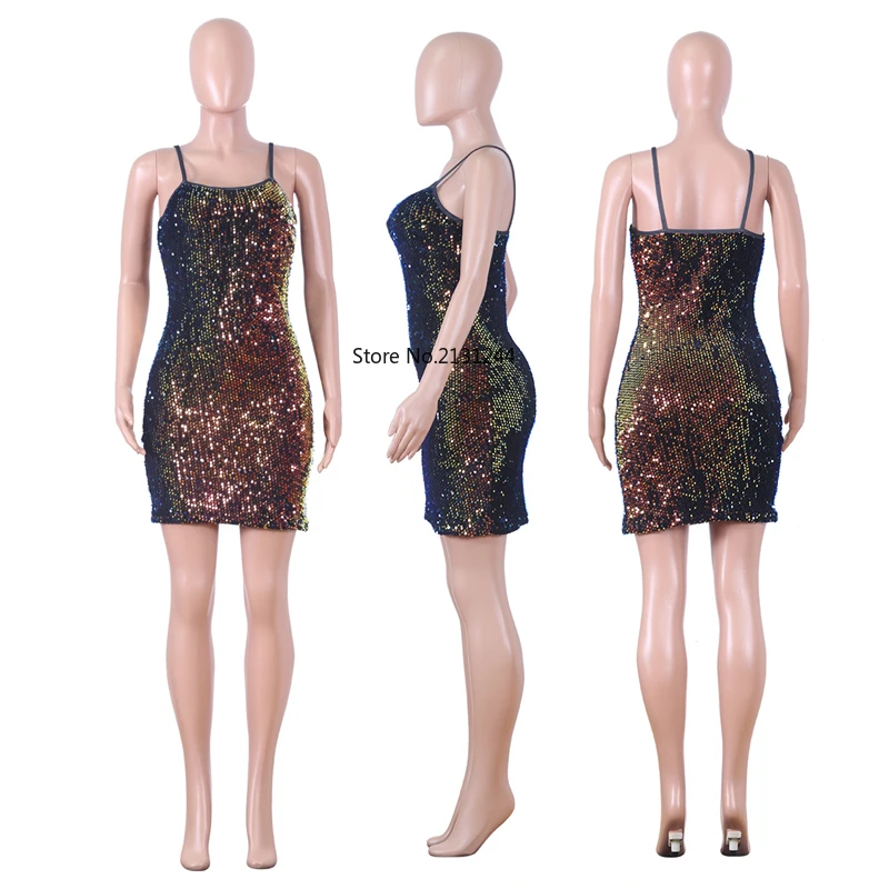 Сексуальное мини платье с блестками на бретельках женское блестящее без рукавов