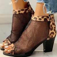 2021 sexy mesh leopard print sandals summer women open toe zipper mid cut block heel high heel breathable party dress shoes