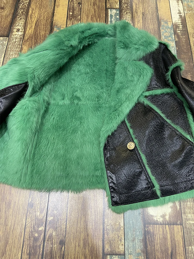 2021 Winter Women Green Color Real Skin Rabbit Fur Inner Warm Short Fashion Jackets Real Rabbit Fur Collar Ladies Outwear