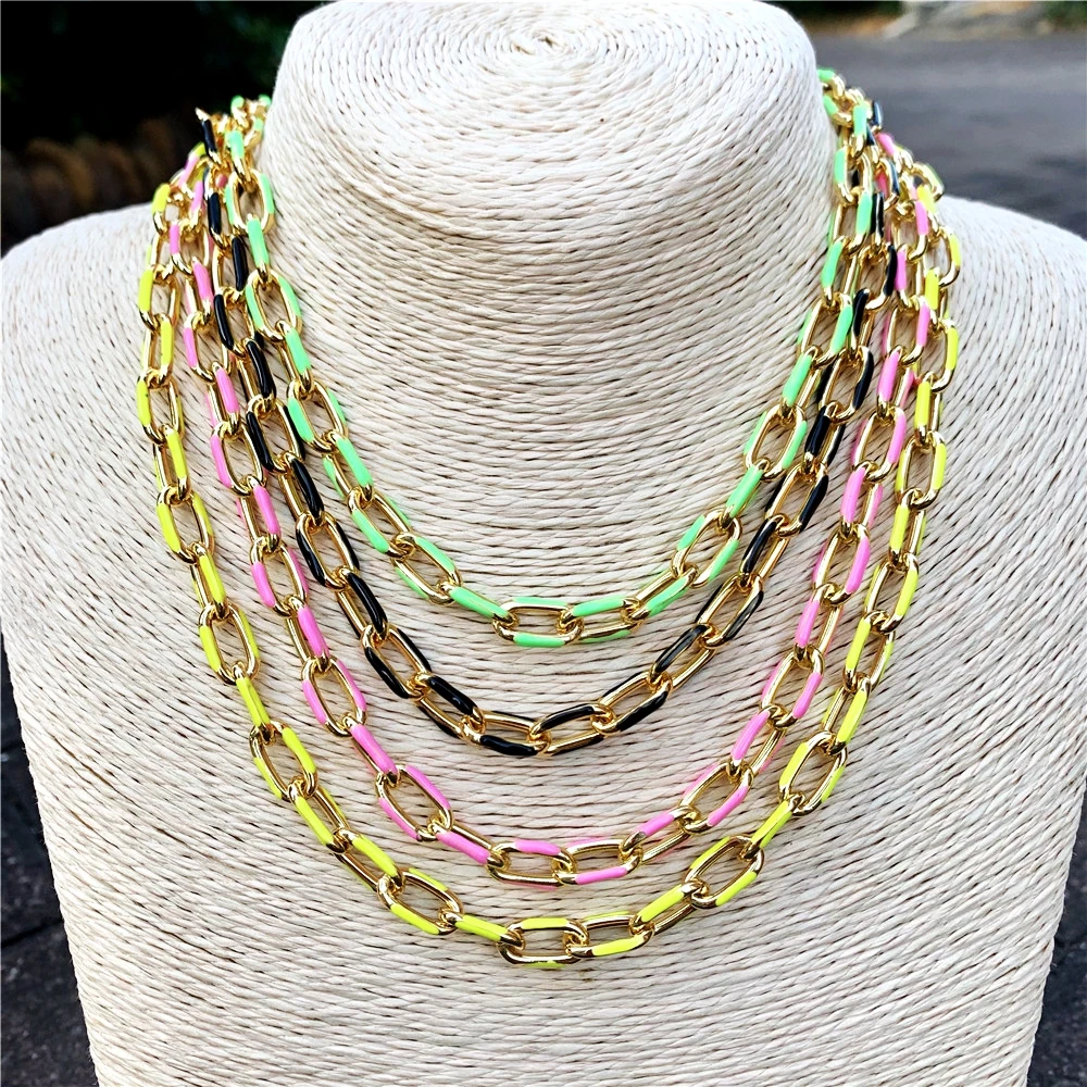 

4Pcs New Mix Color jewelry Neon rainbow enamel cuban rolo link chain women Necklace