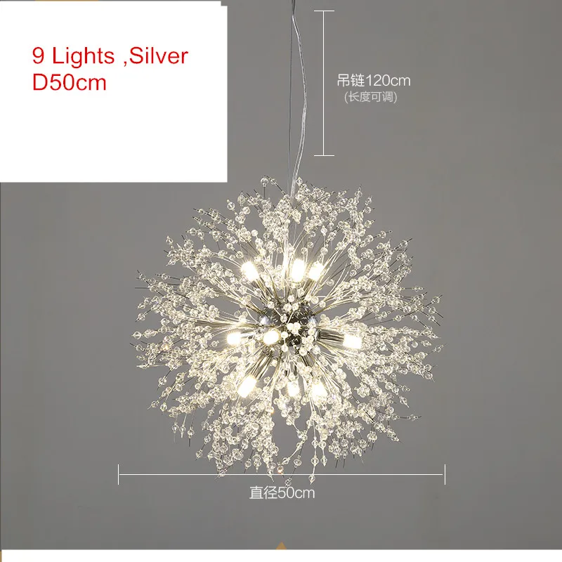 9lights Silver D50cm Скандинавские G9 хрустальные Led люстры Лофт серебро/золото фейерверк кулон Потолочный подвесной светильник светильники для гостиной магазин - Цвет абажура: 9lights Silver D50cm