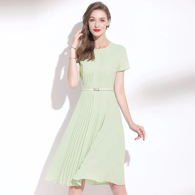

Woman 2021 New Colid Chiffon Light Green Dress OL Round Neck Short Sleeved Slim A-Line Solid Summer Dress Elegant M-XXL