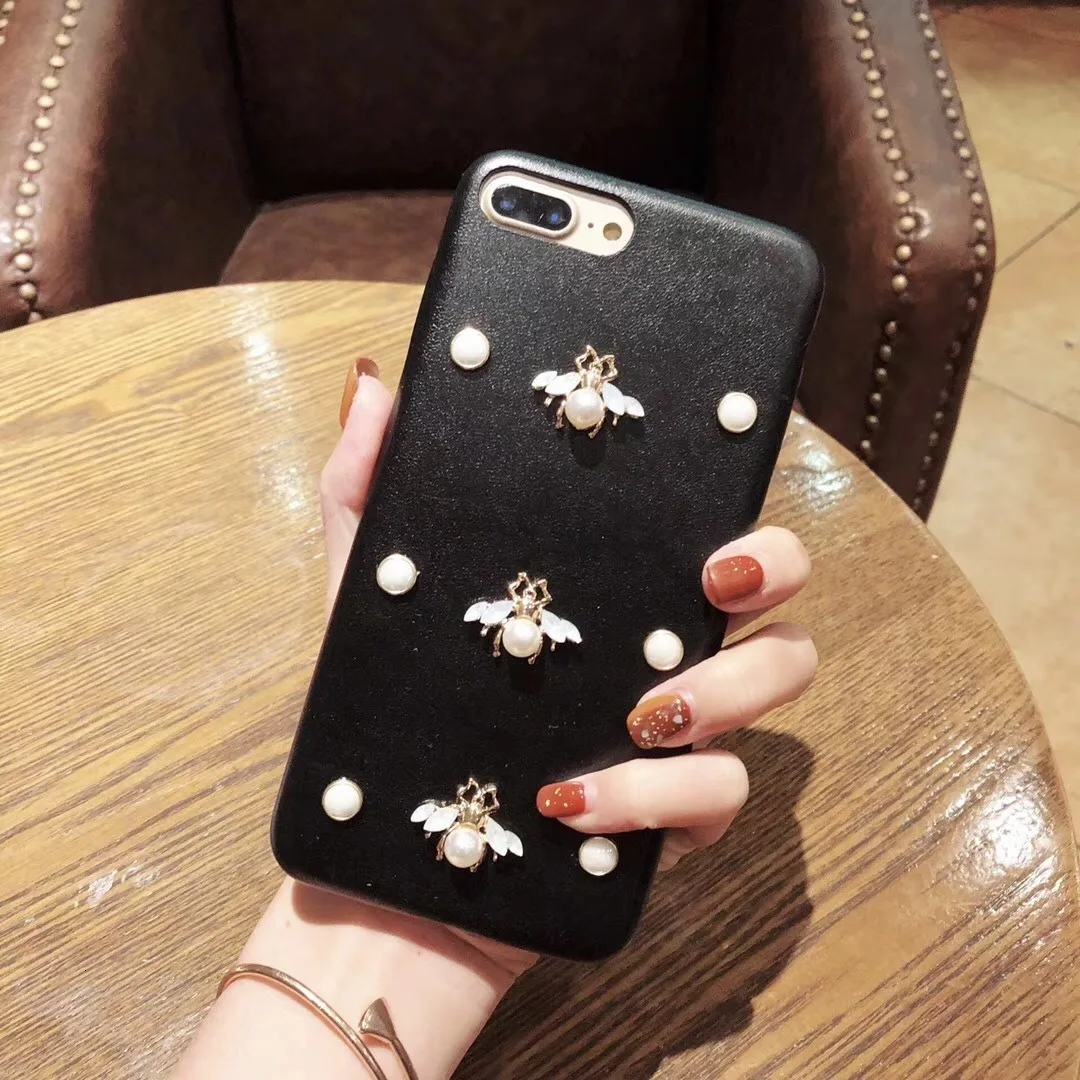 Роскошный кожаный мягкий чехол для телефона для iphone 7 чехол 3D мода алмаз пчела жемчуг Классический чехол для iphone 6 6s 7 8 plus X XR XS Max