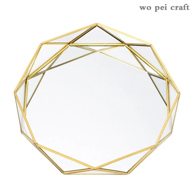 

Nordic Tray Decorative Alloy Frame Glass Mirror Jewelry Storage Box Tray Creative Geometric Ornaments Cosmetic Storage Tray