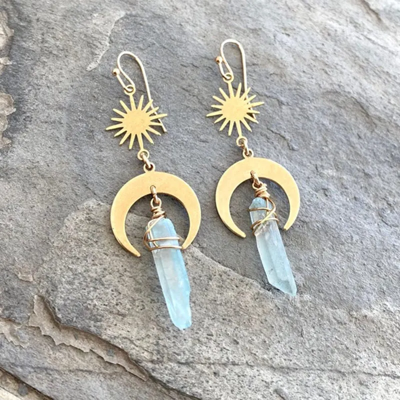 

Celestial Long Earrings, Ab Crystal Earrings, Crescent Moon Earrings, Sun and Moon Earrings Raw Boho Crystal Goddess Earrings