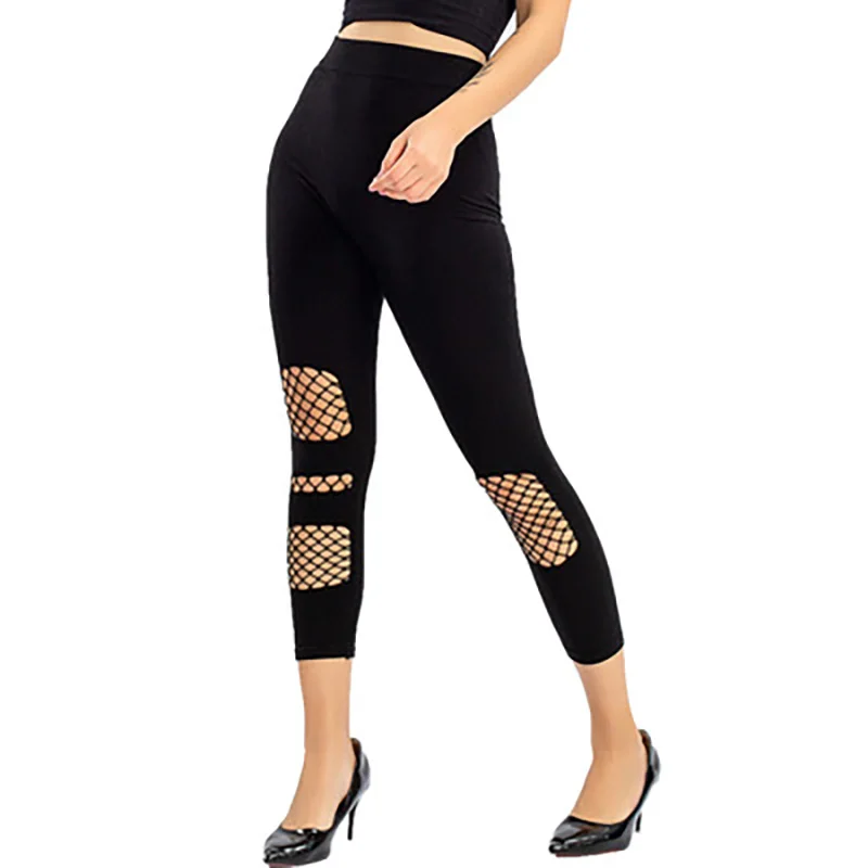 Ladies Summer Black Sexy Mesh Leggings High Waist Fashion Ripped Modal One-Piece Pants Gym Yoga Sports Slim Leggings