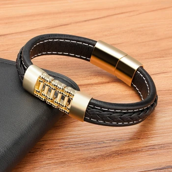 XQNI Luxury Style Stainless Steel Cubic Zirconia Black Leather Men's Leather Bracelet Black/Steel For Birthday Party Gift 5