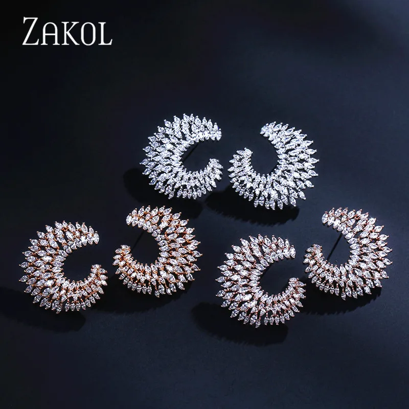 ZAKOL Европейский стиль большие серьги гвоздики CC винтажная Форма Луны микро CZ для