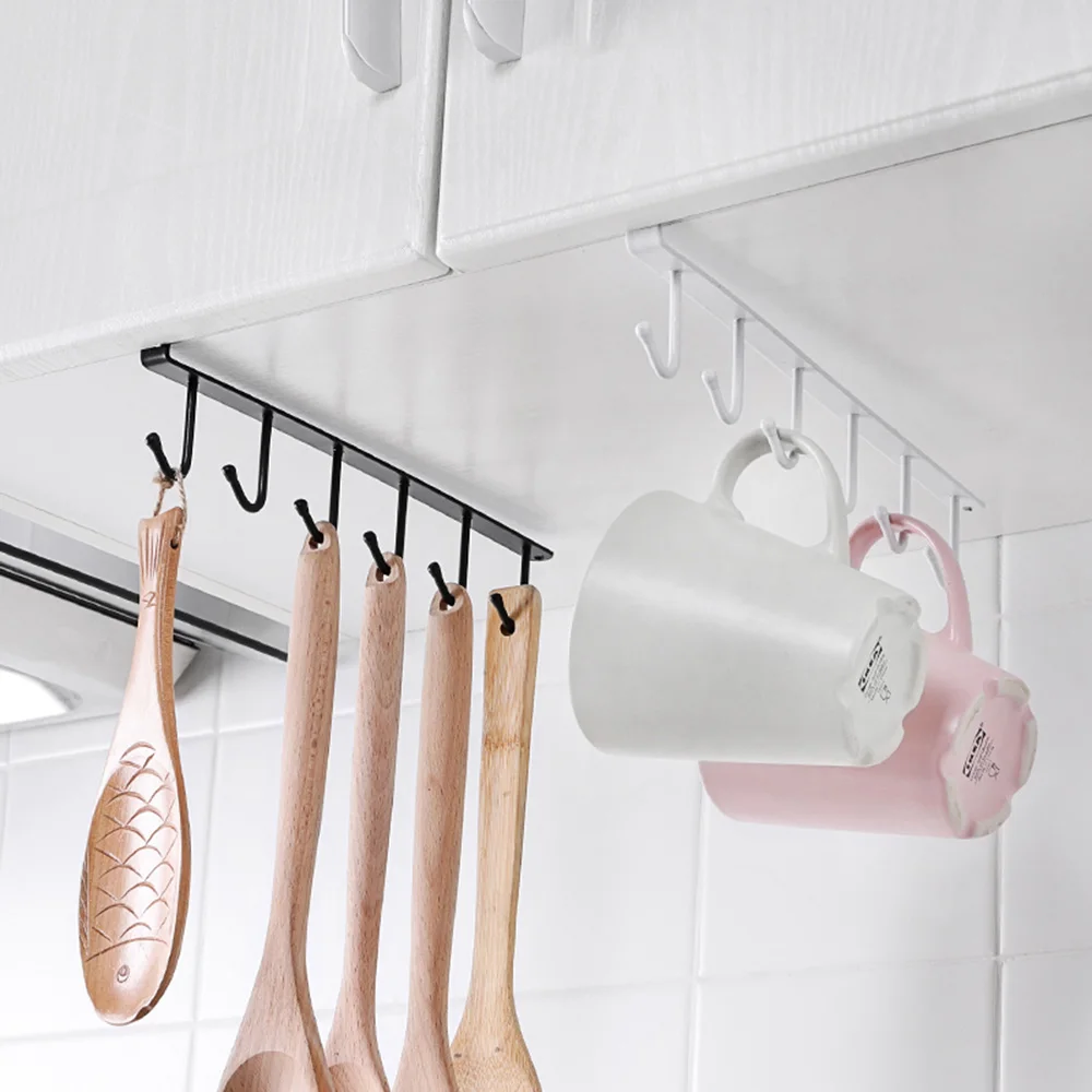

Kitchen Racks Black/White Iron 6 Hooks for Kitchen Cup Holder Hanging Bathroom Hanger Organizer Cabinet Door Removed Storage