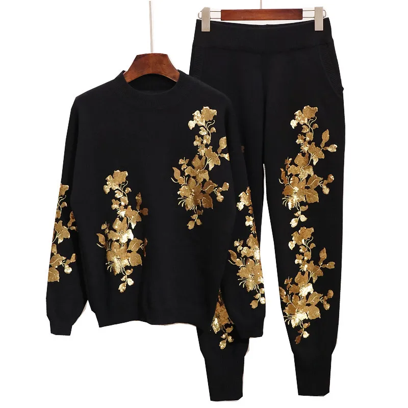 High Quality Casual Sweater Sets Women Tracksuit Top Long Pants Knitted Suit Winter Embroidery Two Piece Set