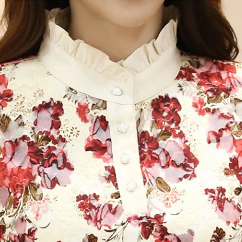

Lace bottoming shirt women s fall/winter print long-sleeved slim warm top all match stand up collar lace shirt T00602N