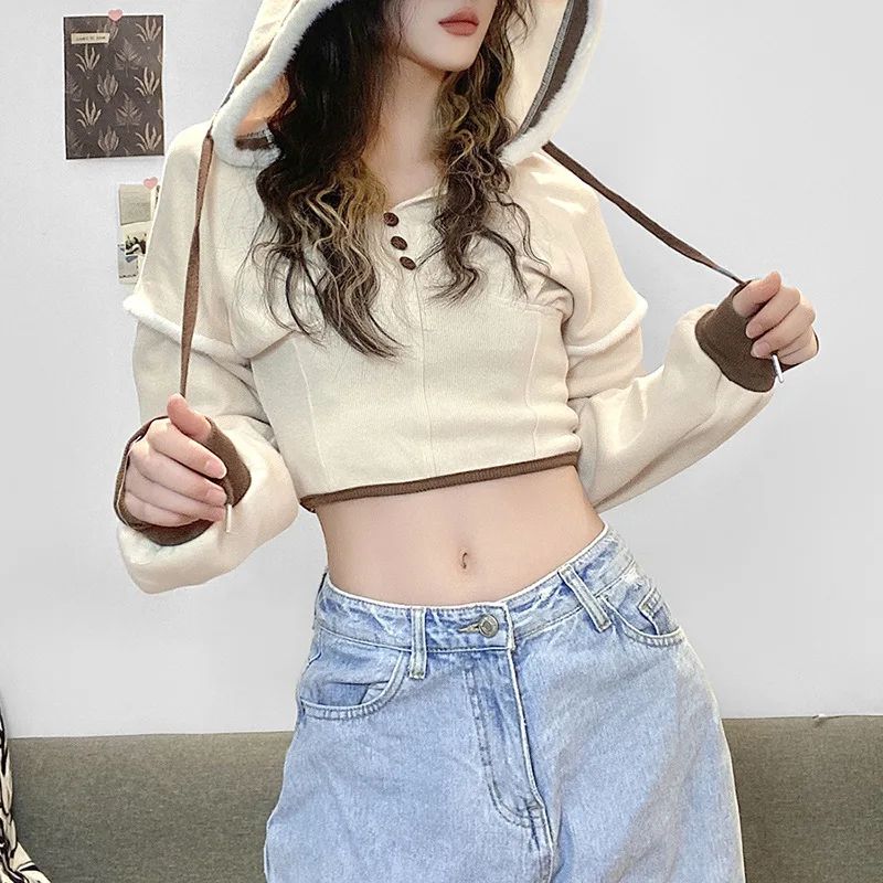 

Patchwork Pure Color Knitted Pullover Hoodie Button Long Sleeve Waist Short Hoodie Women's All-match Pullover Warm Clothes