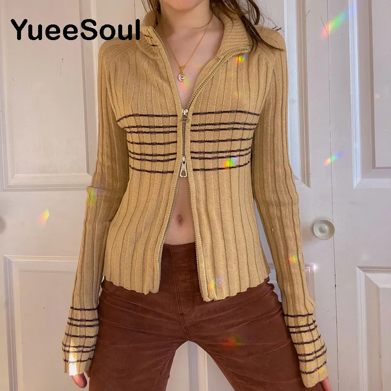 

Y2K Retro Streetwear Ribbed Striped Zip Up Cardigans Fairycore Aesthetics Vintage Long Sleeve Knitted Khaki Sweater Slim