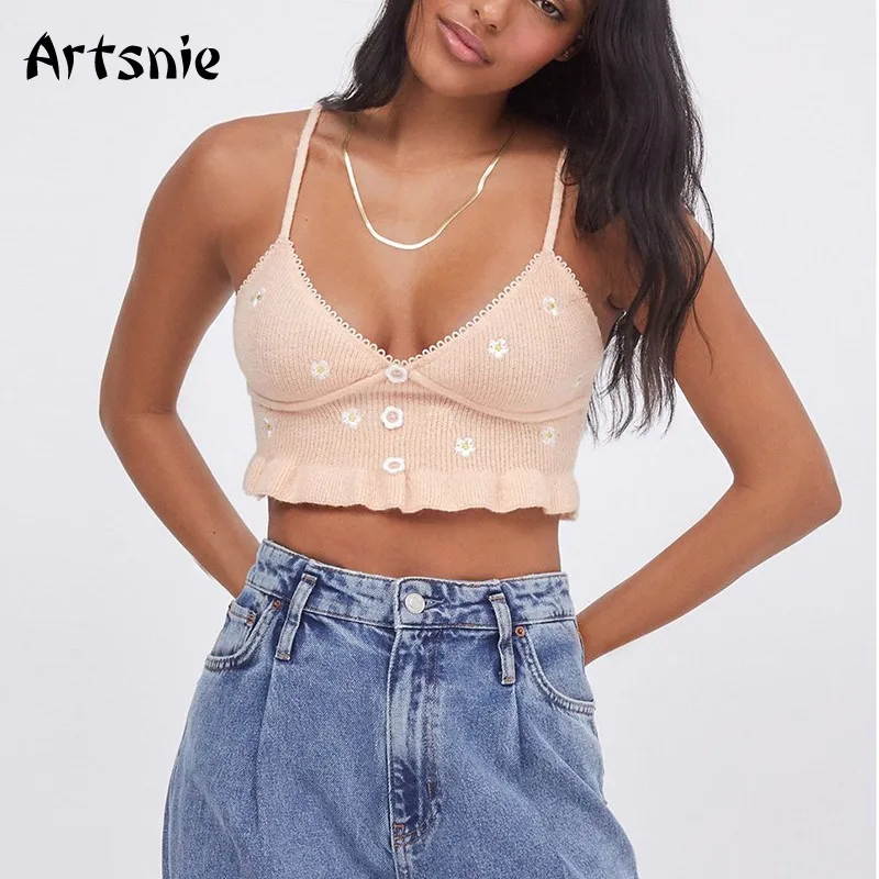 

Artsnie Vintage Embroidery Crop Tops Women V Neck Strap Ruffles Camis Streetwear Knit Sleeveless Ladies Cropped Tops Camisole