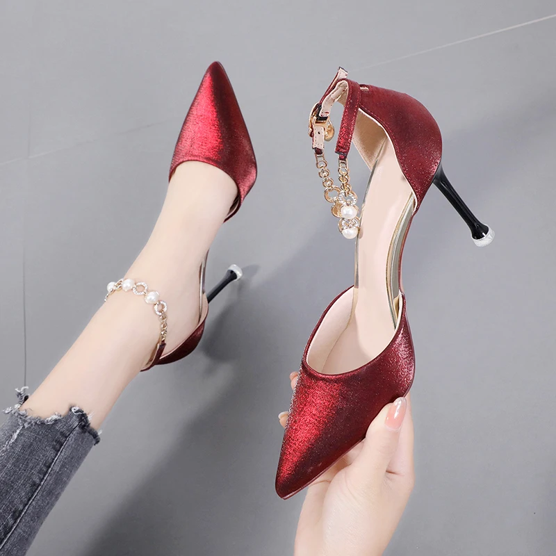 

Pointed Toe Rhinestone Women Pumps NIUFUNI Stiletto Pearl High Heels Buckle Chain Ladies Sandals Wedding D'Orsay Shoes For Women