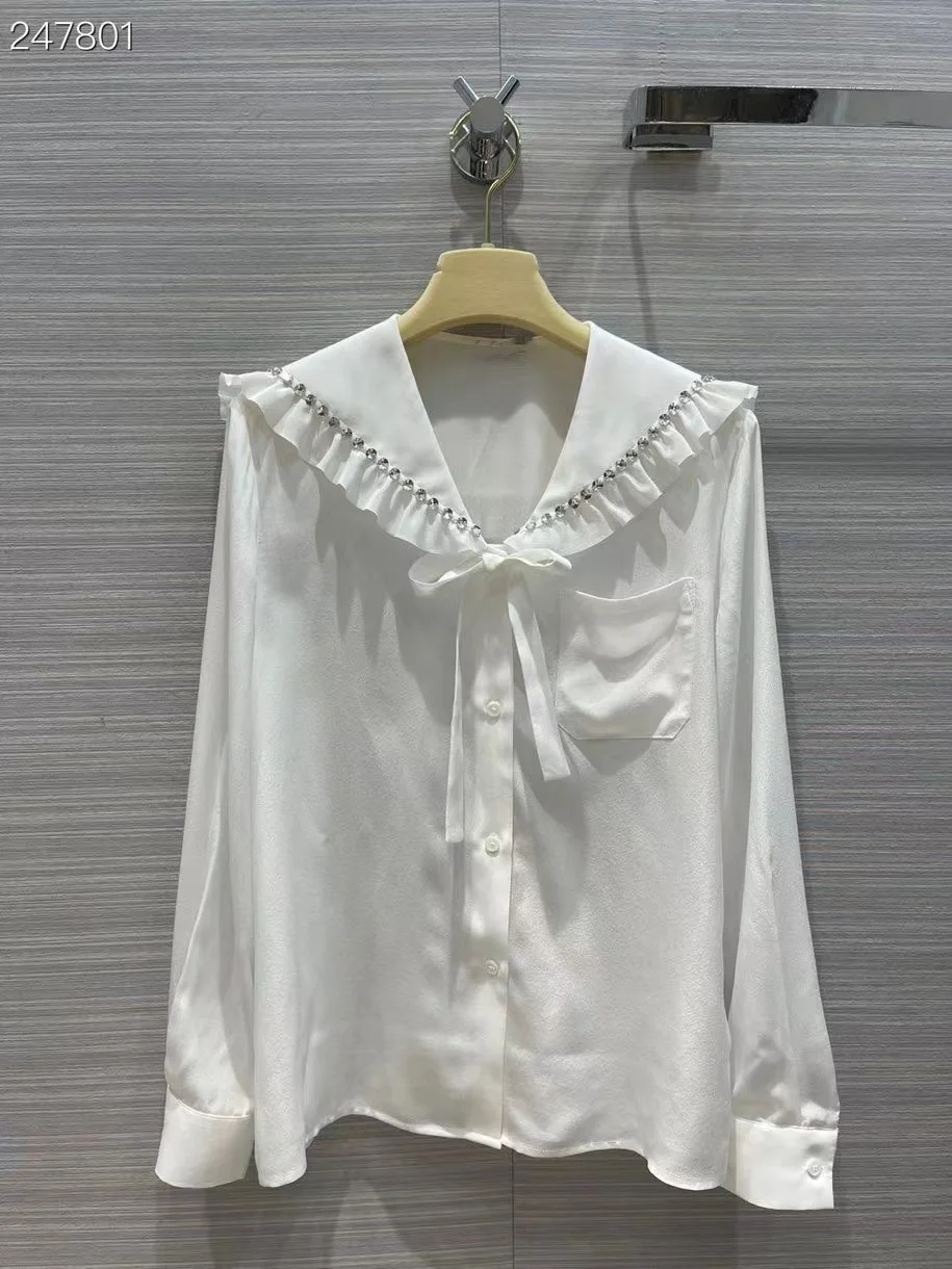 

New 2021 Autumn Women Fashion Runway Shirts Long Sleeve Single Breasted Solid White Diamonds Tops Straight Silk Blouses