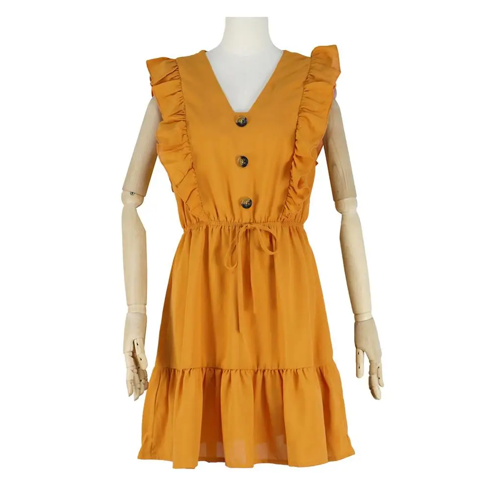 

Women Fashion V Neck Ruffled Edges Waist Drawstring Mini Dress 2021 Female Solid Color Casual SleevelessSexy Dresses Beach