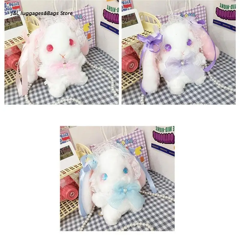 

M68C Plush Lace Doll Crossbody Bag Plush Rabbit Shoulder Bags with Beaded Straps