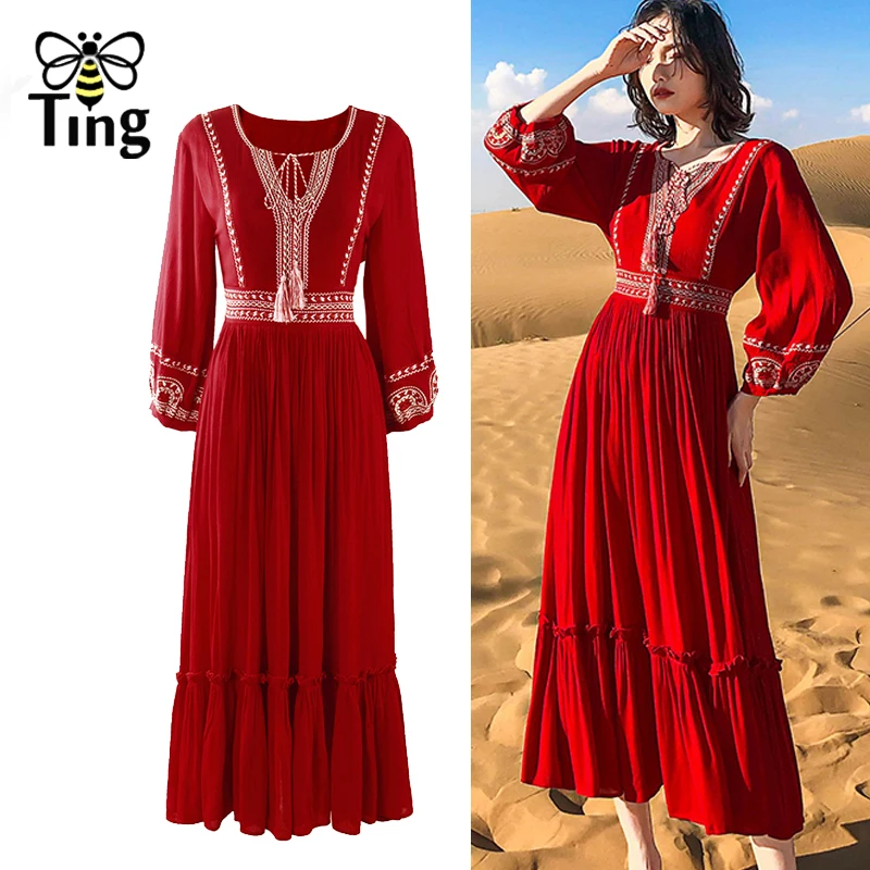 Винтажное богемное Летнее Длинное Платье Tingfly с вышивкой красные вечерние платья