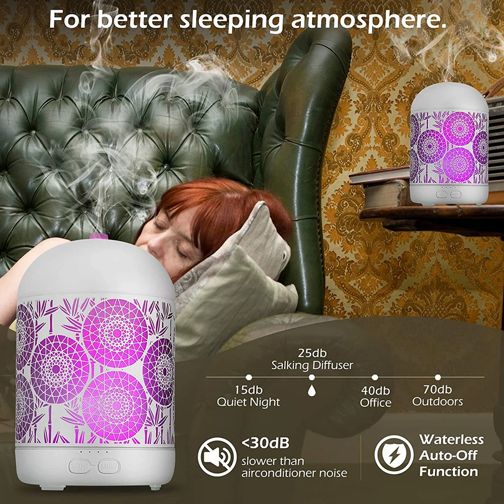 

Metal Aromatherapy Machines Essential Oils Diffuser 300ml Air Humidifier 7 Colors Night Light Auto Shut Off Timer Office Bedroom