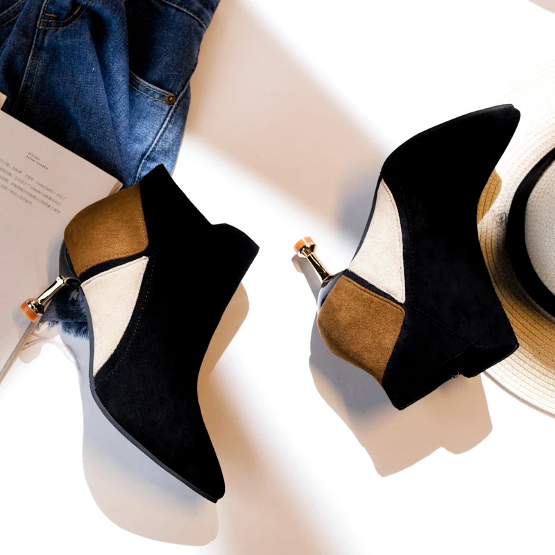 Женские ботинки новые зимние ботильоны с острым носком на молнии высоком каблуке