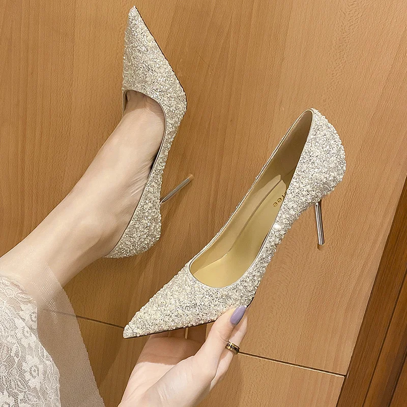 Женские блестящие Серебристые туфли-лодочки 8 см 6 на высоком тонком каблуке