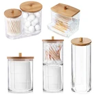 Органайзер для макияжа, контейнер для хранения хлопковых тампонов, банки для косметики, контейнер для ванной комнаты с бамбуковой крышкой